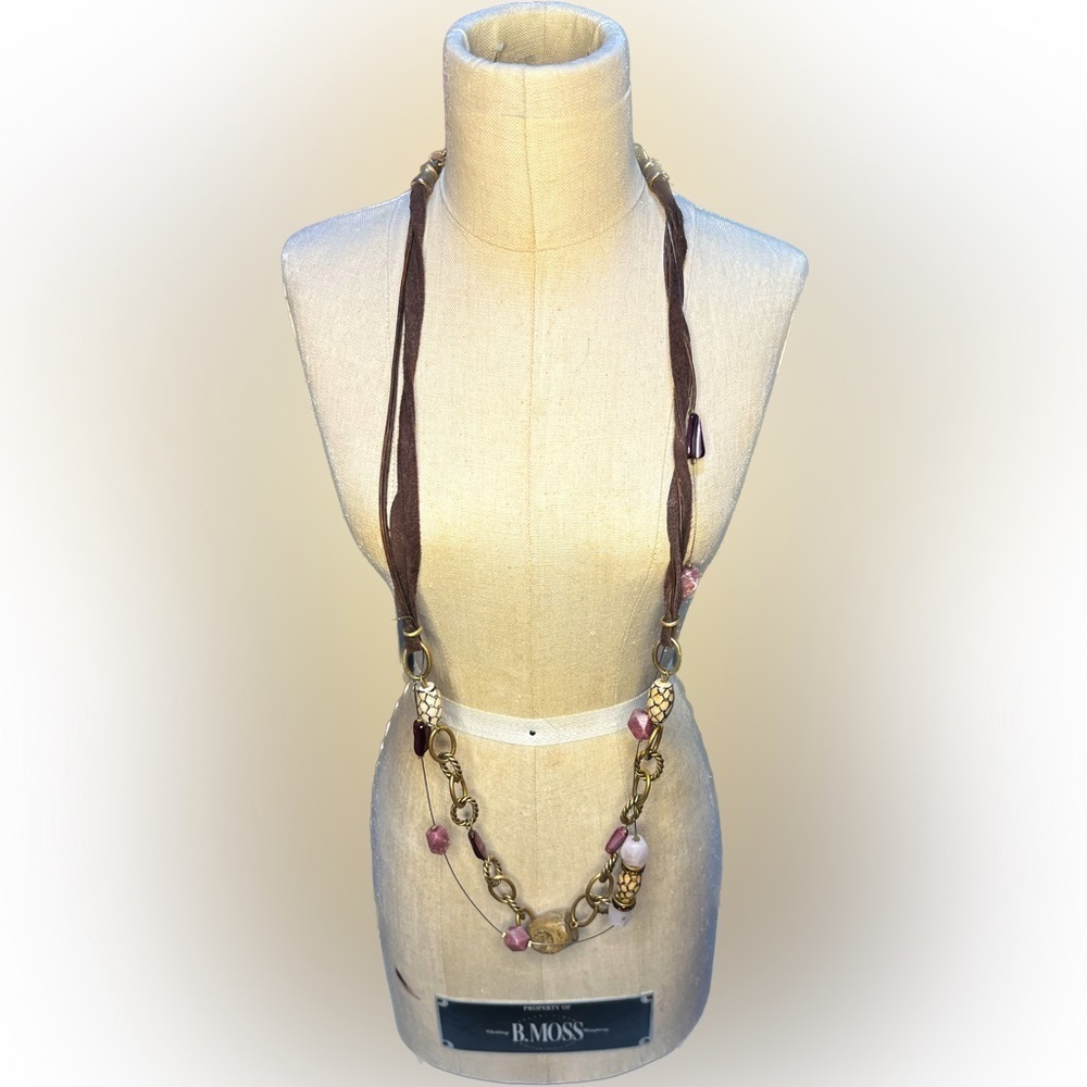 Brown suede rope necklace with multi color beads